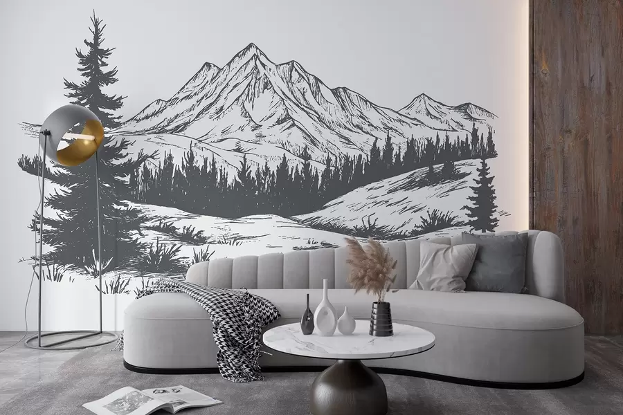 Wall Mural Photo Wallpaper Mountains landscape with pine trees, forest, nature, dark grey color w03344