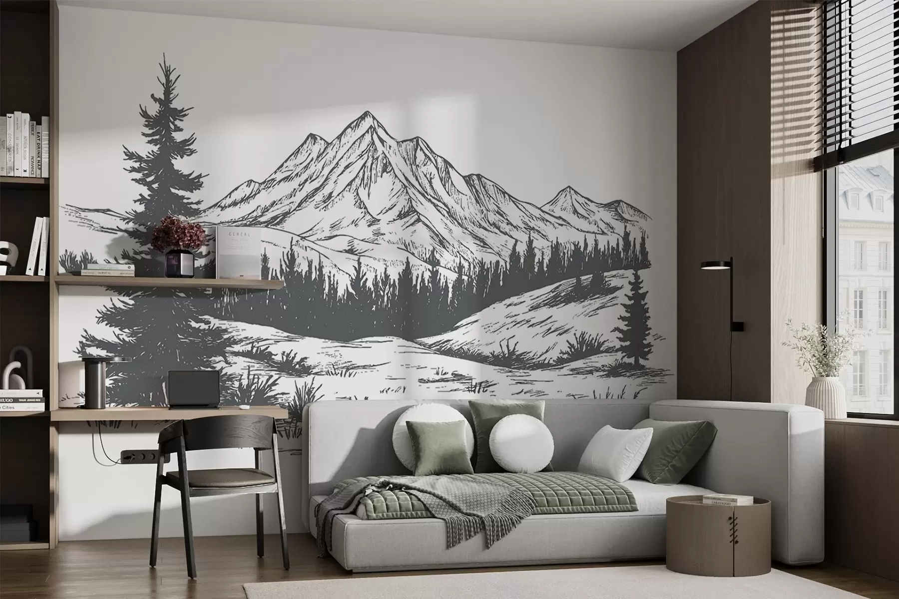 wall murals Mountains landscape with pine trees, forest, nature, dark grey color w03344