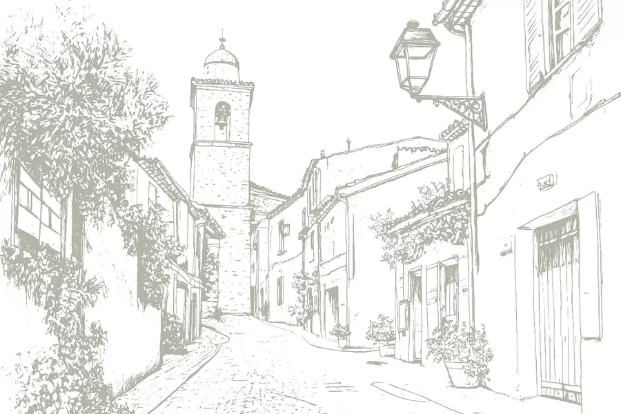 Wall Mural Photo Wallpaper City street, beautiful architecture, buildings, Mediterranean, line drawing, olive color w03345