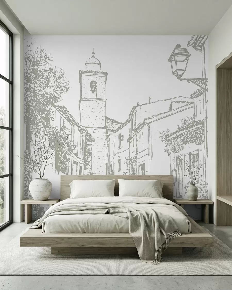 Wall Mural Photo Wallpaper City street, beautiful architecture, buildings, Mediterranean, line drawing, olive color w03345