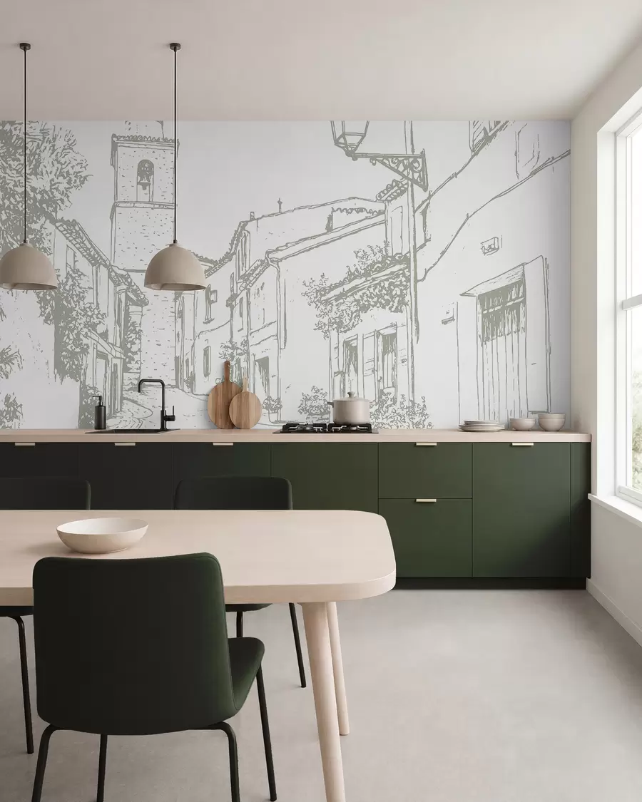 Wall Mural Photo Wallpaper City street, beautiful architecture, buildings, Mediterranean, line drawing, olive color w03345