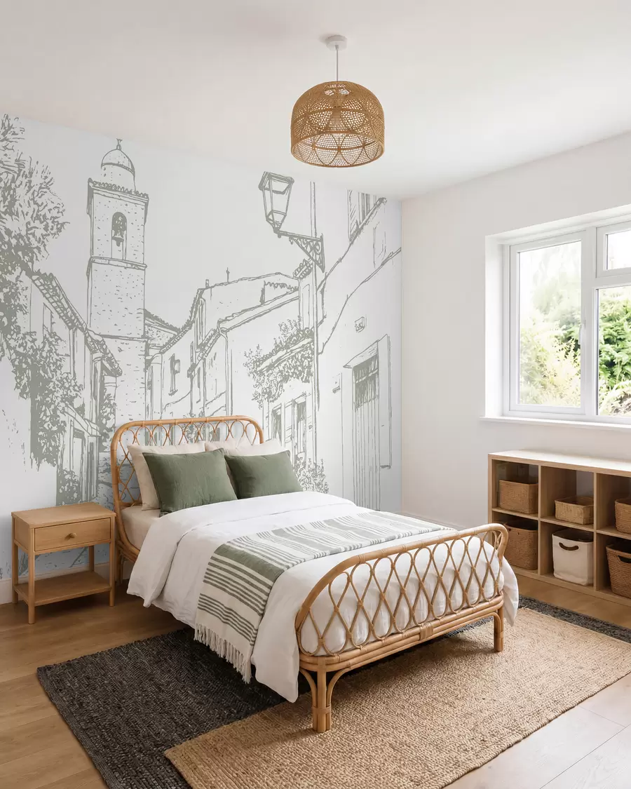 Wall Mural Photo Wallpaper Village Sketchbook in Olive w03345