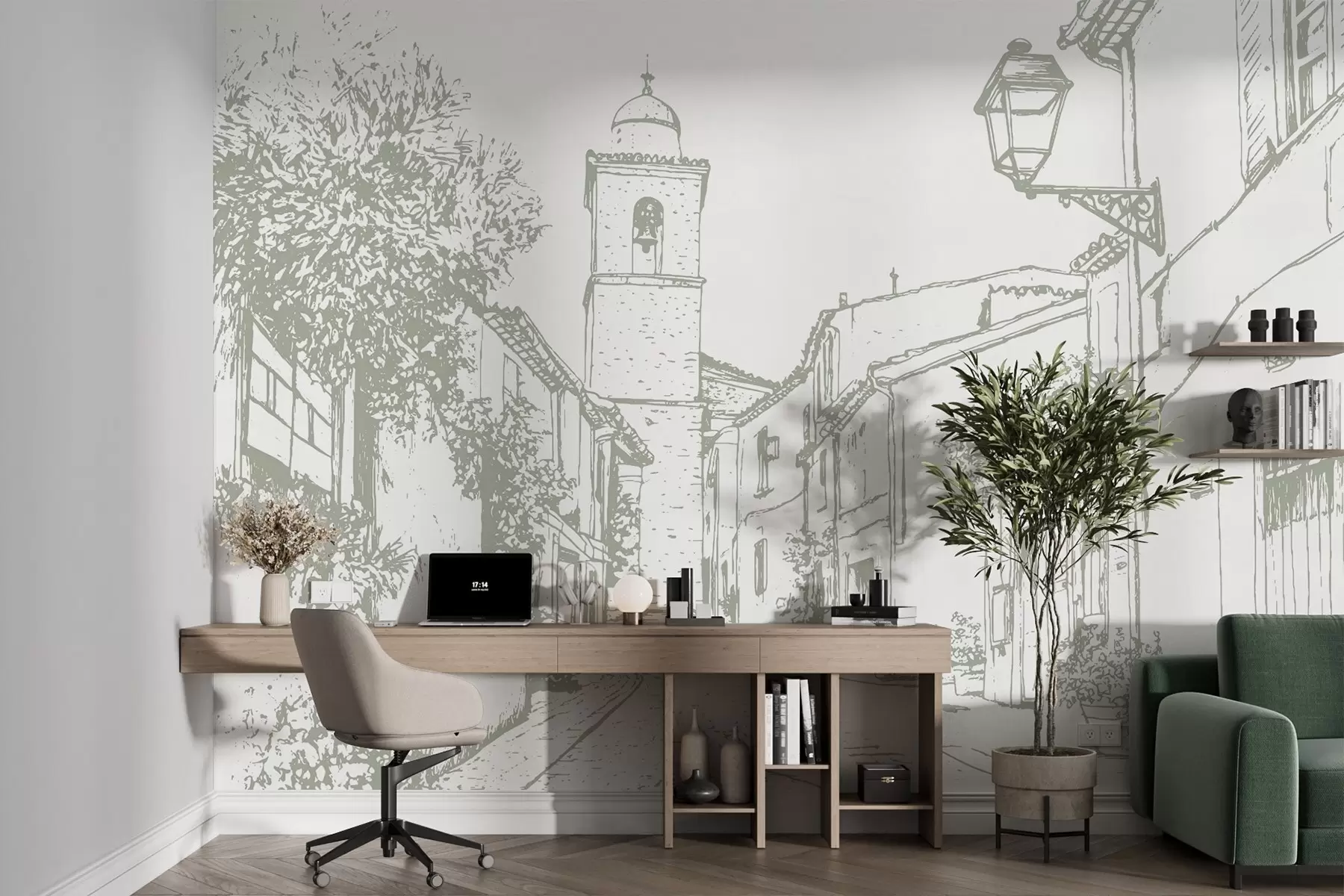 murais de parede Rua da cidade, bela arquitetura, edifícios, Mediterrâneo, desenho de linhas, cor de azeitona w03345