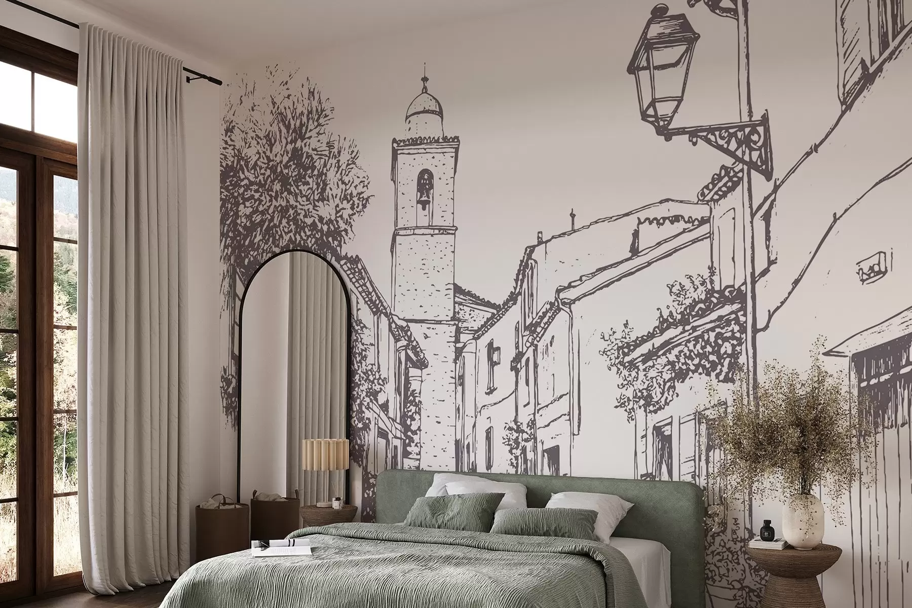 Wall Mural Photo Wallpaper City street, beautiful architecture, buildings, Mediterranean, line drawing, beige color w03345v1