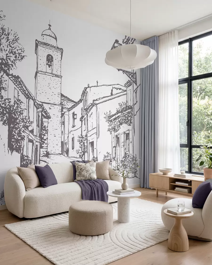 wall murals City street, beautiful architecture, buildings, Mediterranean, line drawing, beige color w03345v1