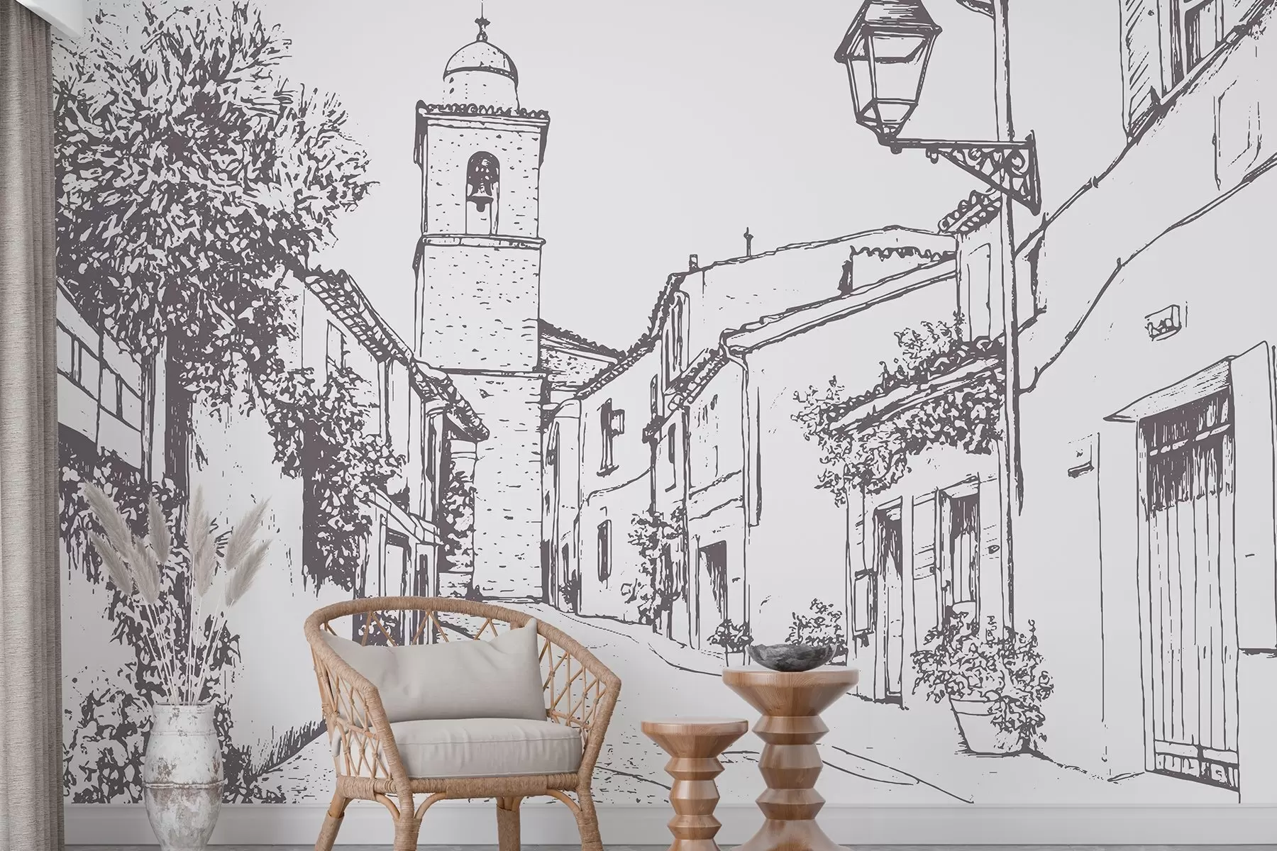 wall murals City street, beautiful architecture, buildings, Mediterranean, line drawing, beige color w03345v1