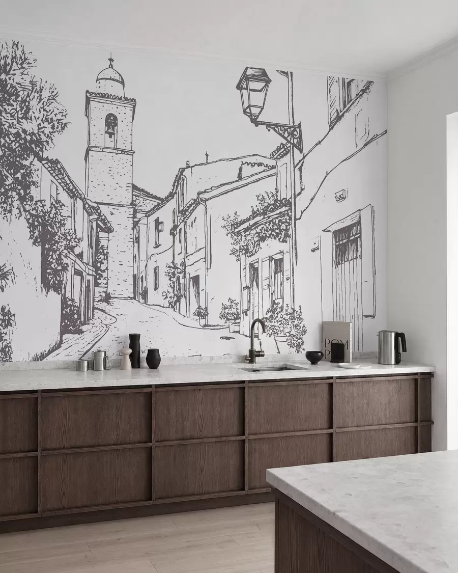 wall murals City street, beautiful architecture, buildings, Mediterranean, line drawing, beige color w03345v1