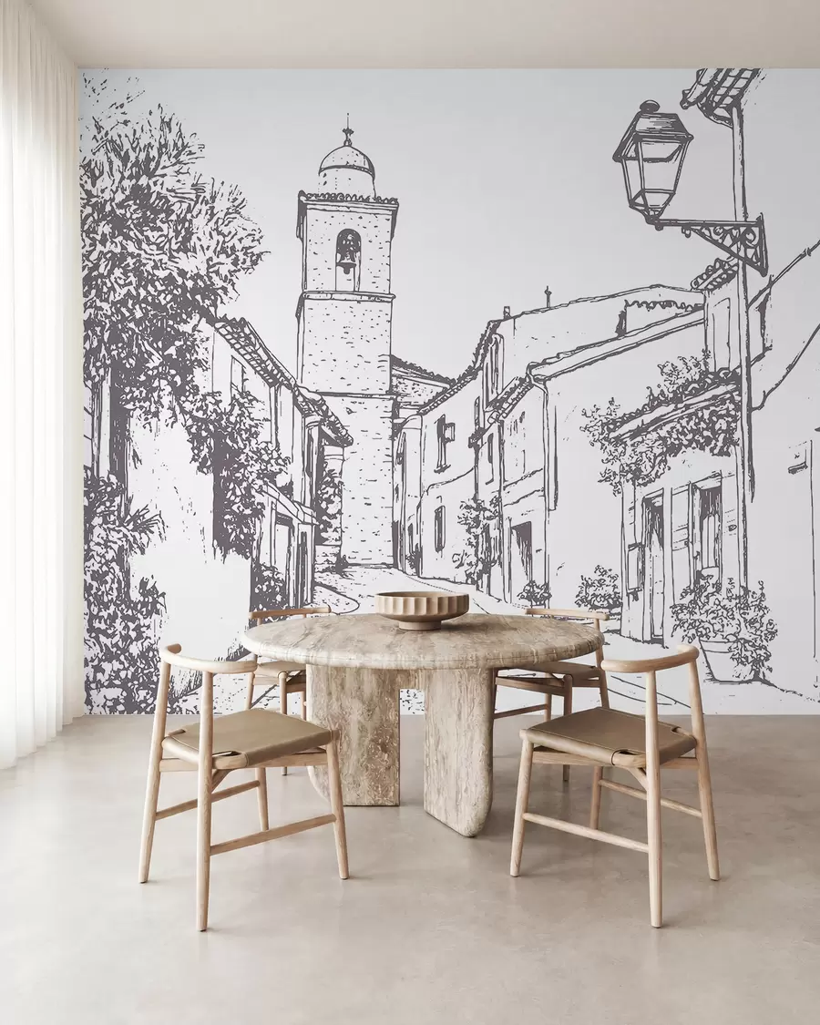 wall murals City street, beautiful architecture, buildings, Mediterranean, line drawing, beige color w03345v1