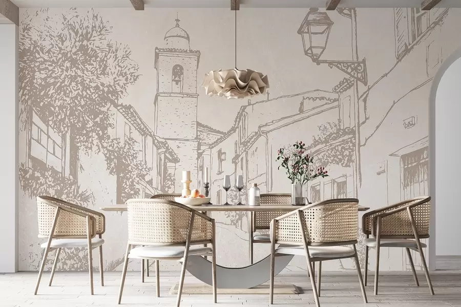 peintures murales Rue de la ville, belle architecture, bâtiments, Méditerranée, couleurs beiges w03346