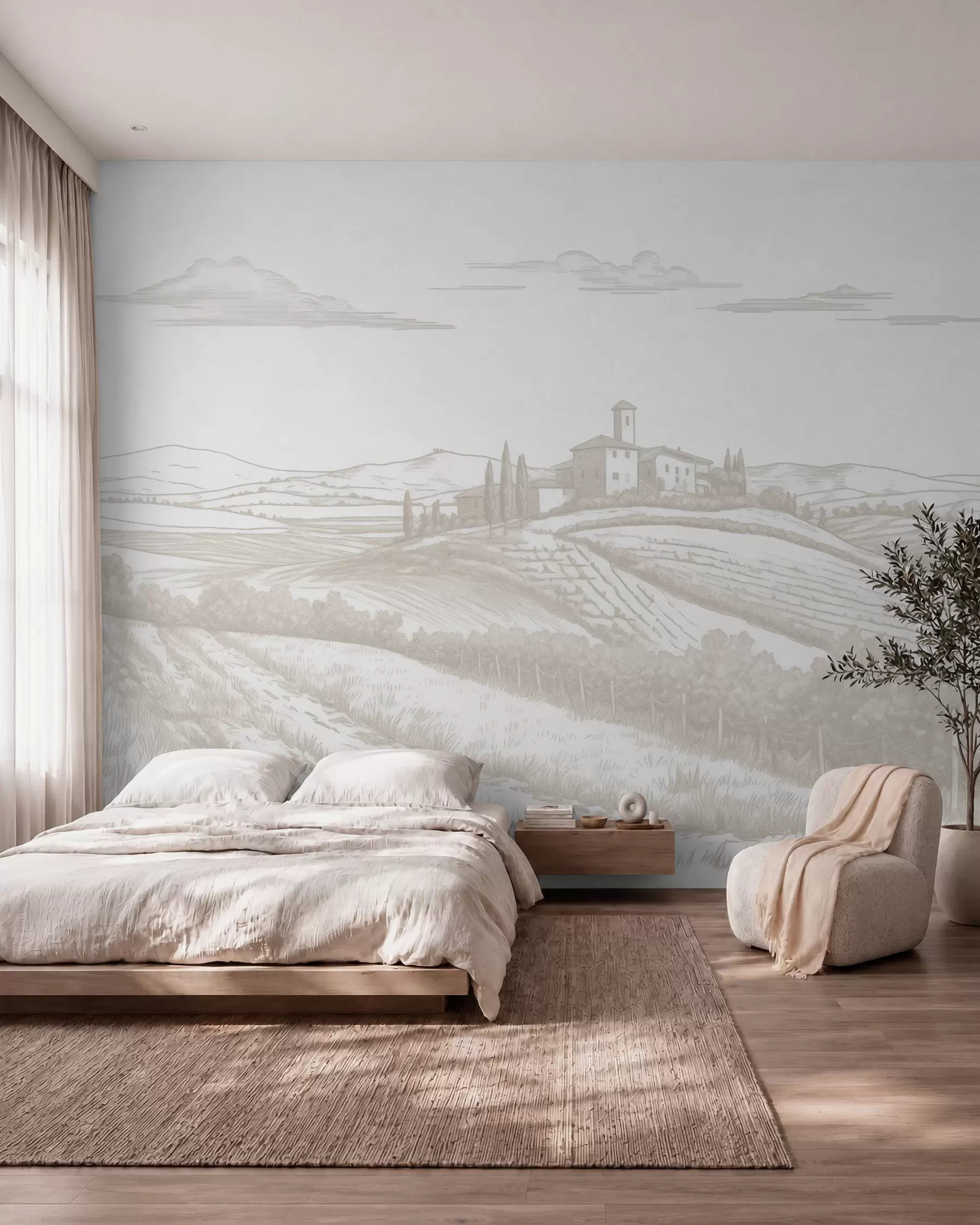wall murals Tuscany landscapes, Italy, vineyards, nature, old castle, beige colors w03349