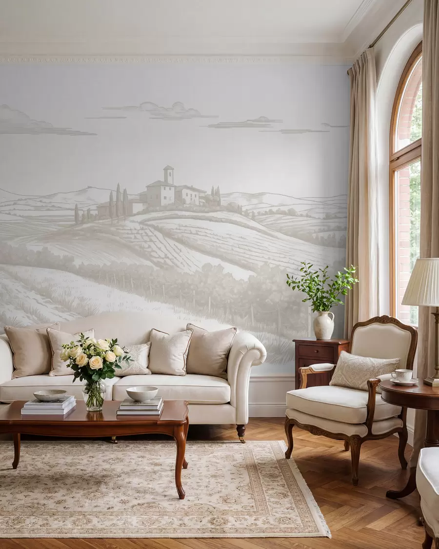 Wall Mural Photo Wallpaper Tuscany landscapes, Italy, vineyards, nature, old castle, beige colors w03349
