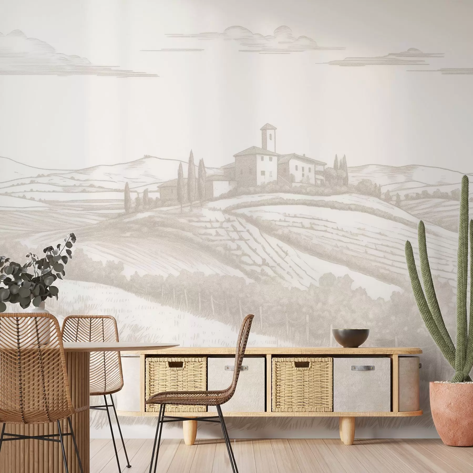 wall murals Tuscany landscapes, Italy, vineyards, nature, old castle, beige colors w03349