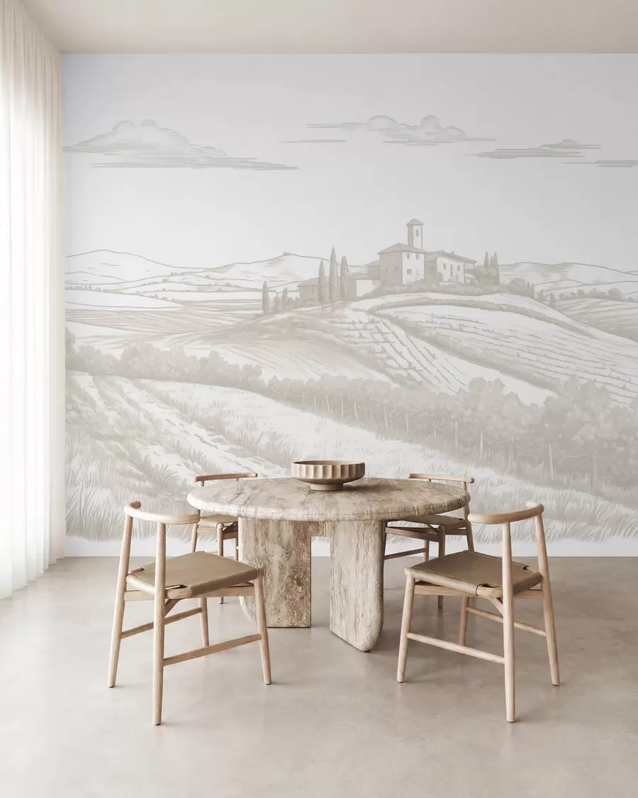 wall murals Tuscany landscapes, Italy, vineyards, nature, old castle, beige colors w03349
