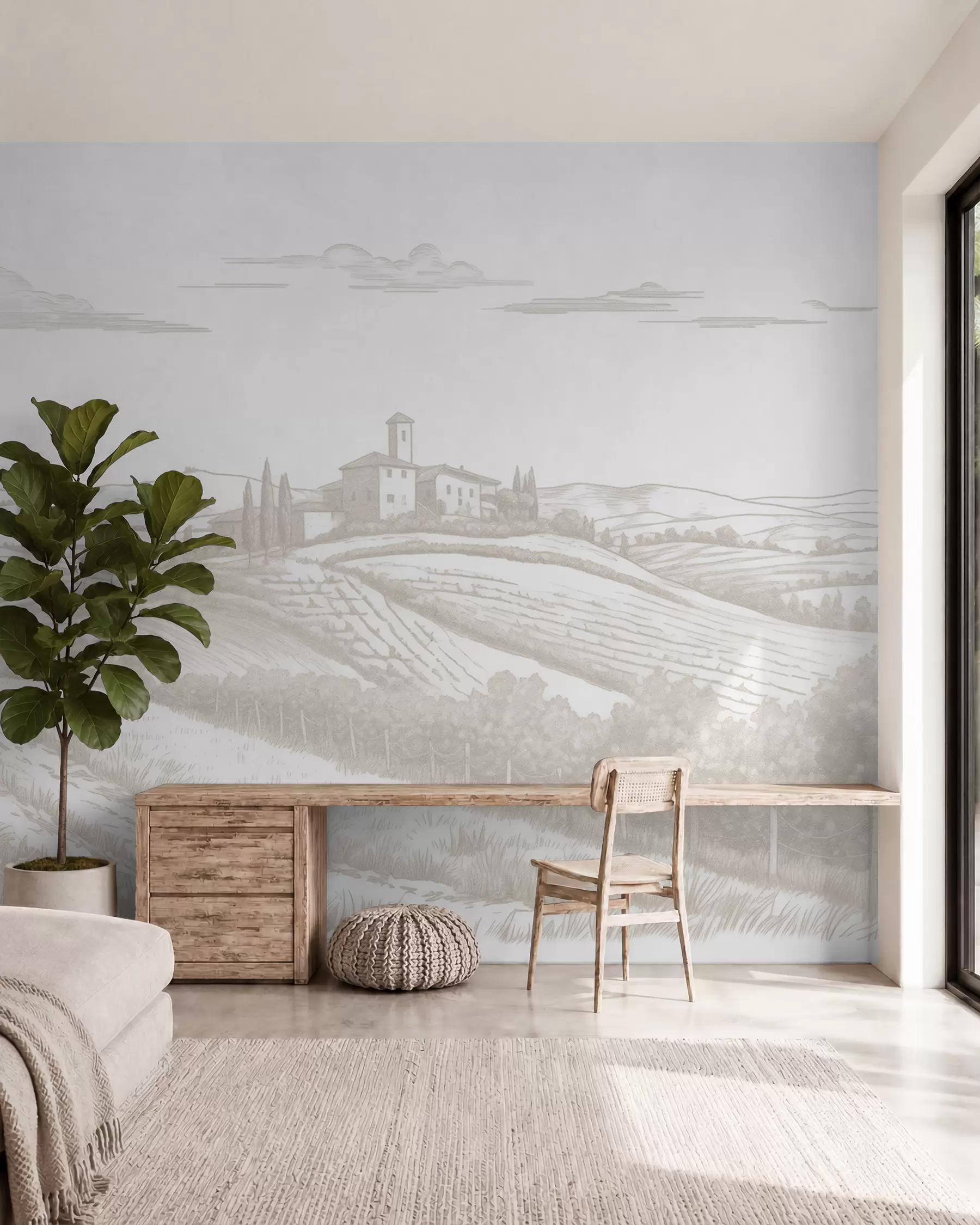 wall murals Tuscany landscapes, Italy, vineyards, nature, old castle, beige colors w03349