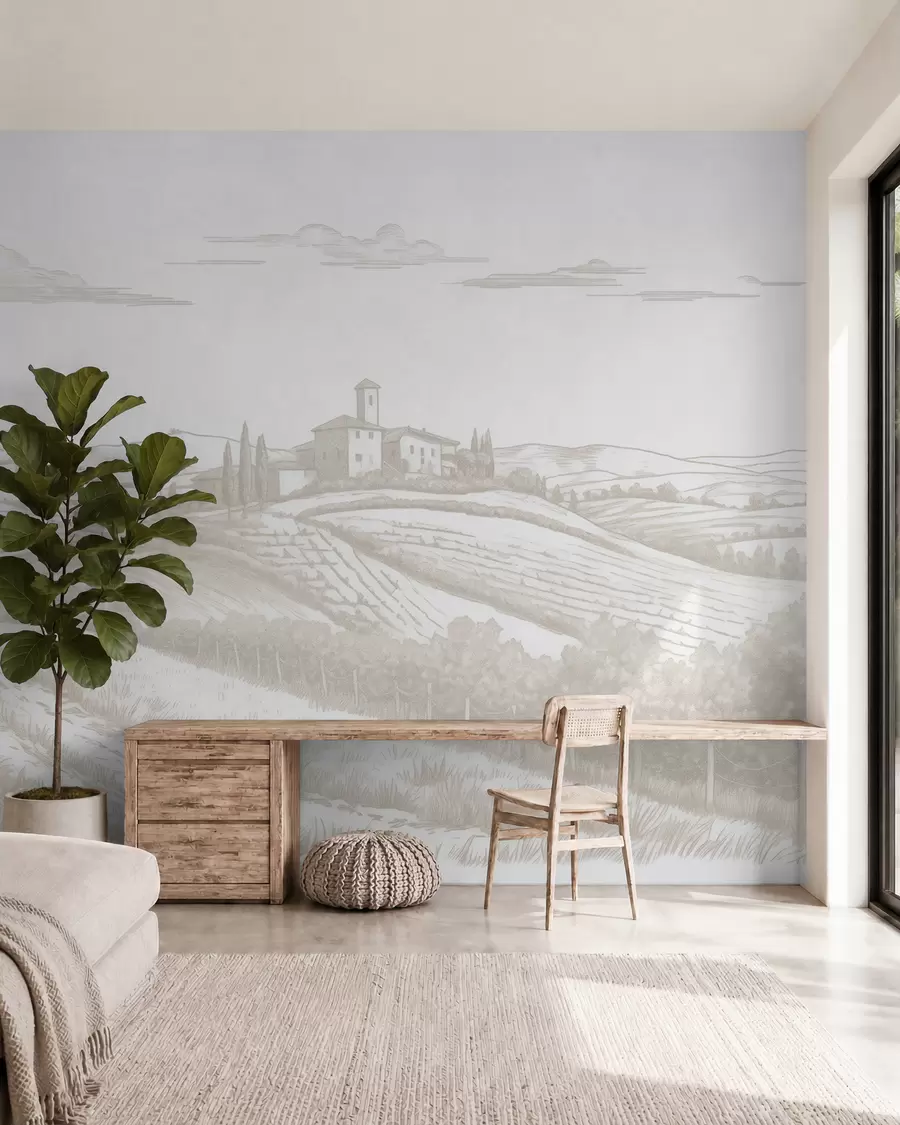 wall murals Tuscany landscapes, Italy, vineyards, nature, old castle, beige colors w03349