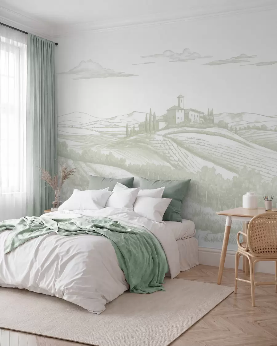 murales Paisajes de la Toscana, Italia, viñedos, naturaleza, castillo antiguo, colores verdes w03349v2