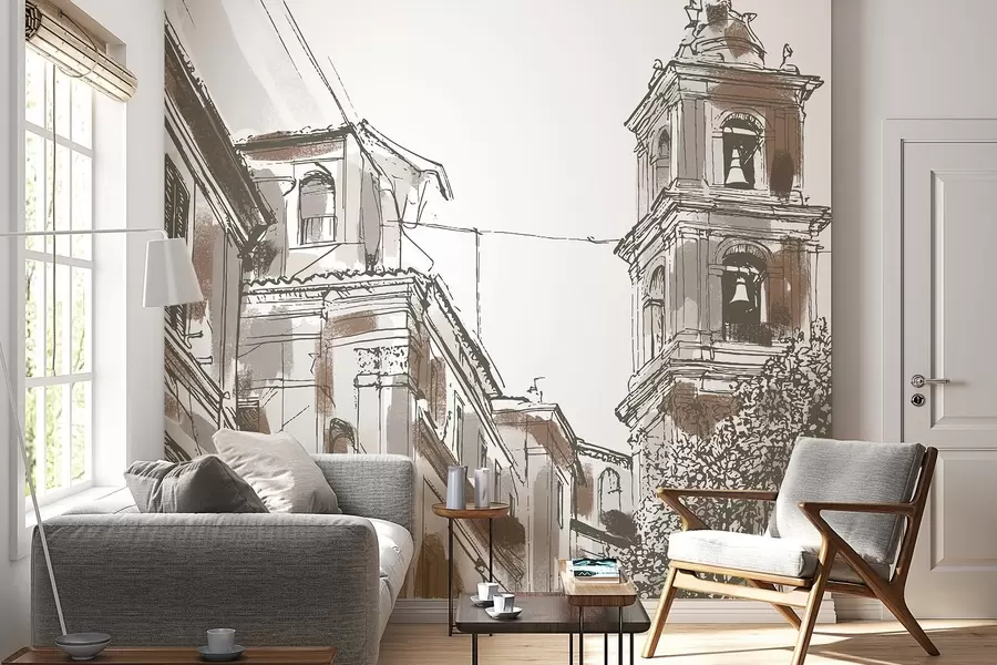 murales Calle de ciudad mediterránea, capilla, arquitectura, colores beige y marrón w03350v1