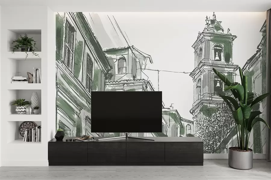 peintures murales Rue de la ville méditerranéenne, chapelle, architecture, couleurs grises et vertes w03350v2