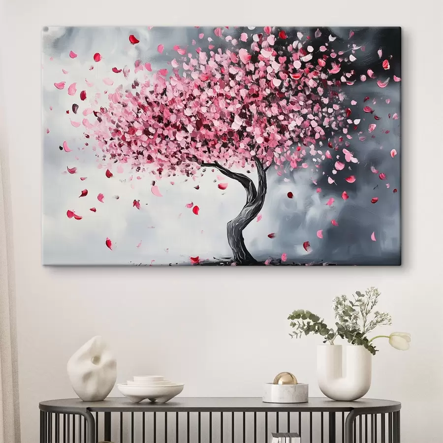 murales Árbol en flor rosa sobre fondo gris s43299