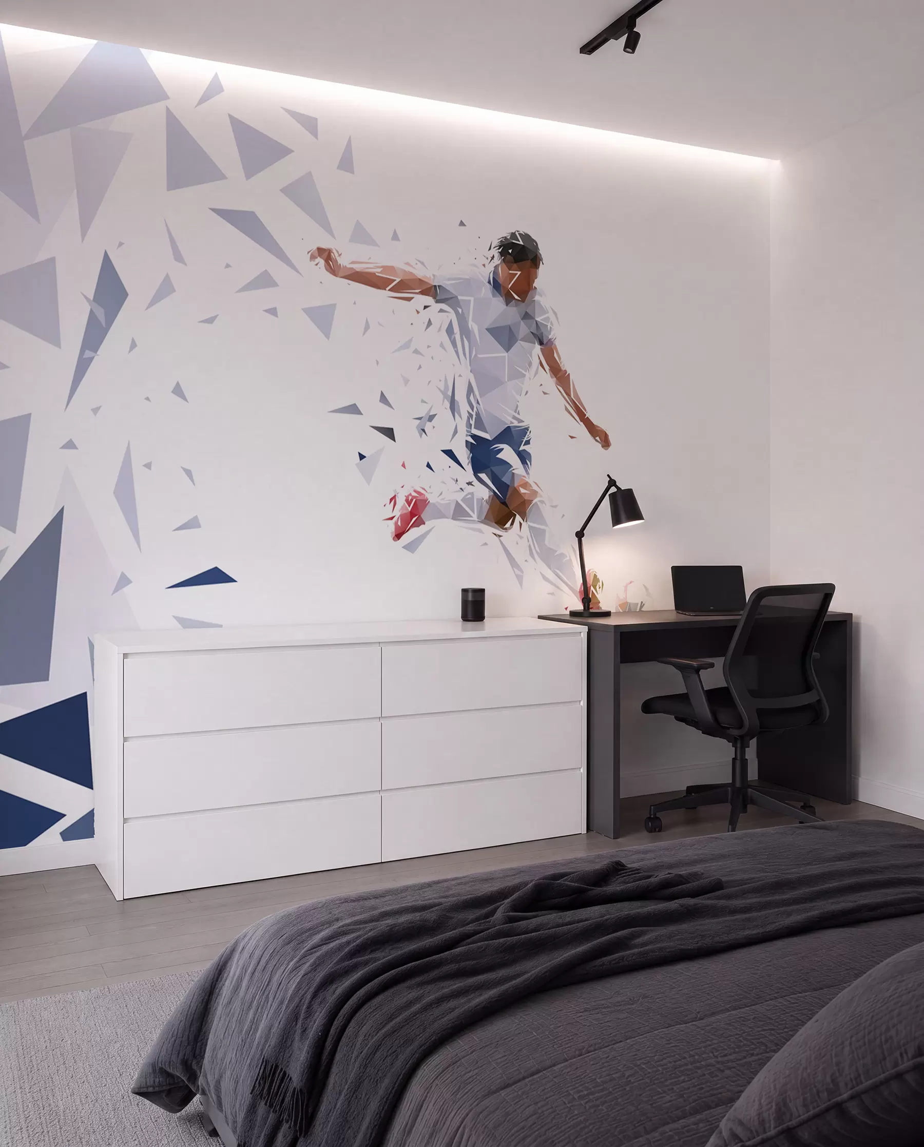 Wall Mural Photo Wallpaper Dynamic footballer in a low-poly style, hitting the ball w03289