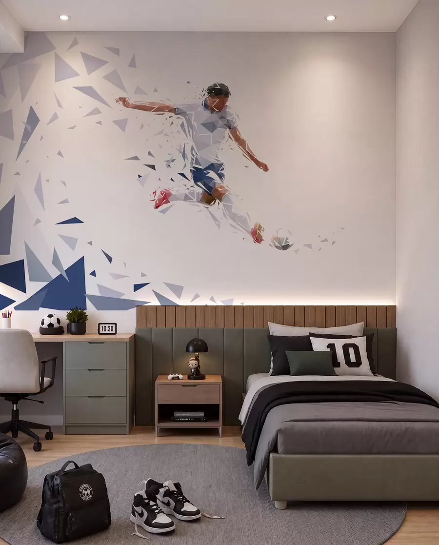 wall murals Dynamic footballer in a low-poly style, hitting the ball w03289