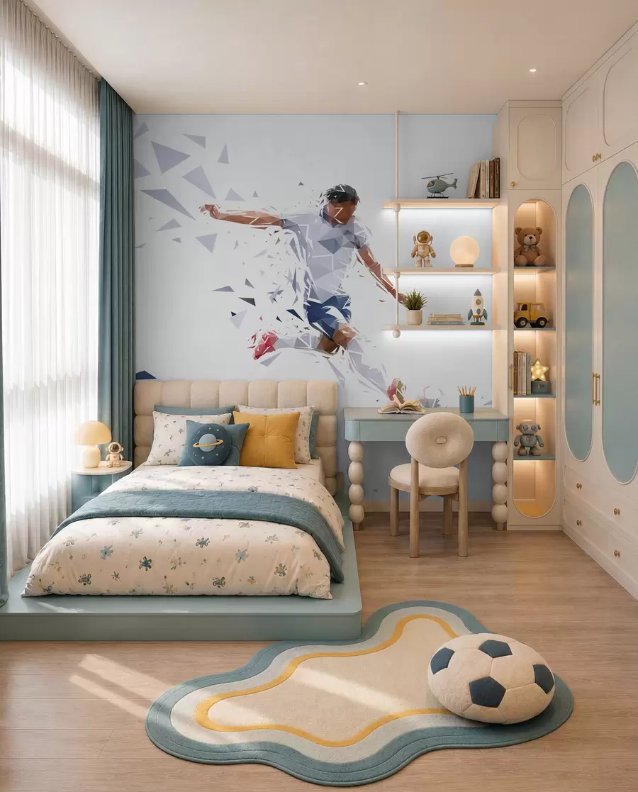 wall murals Dynamic footballer in a low-poly style, hitting the ball w03289