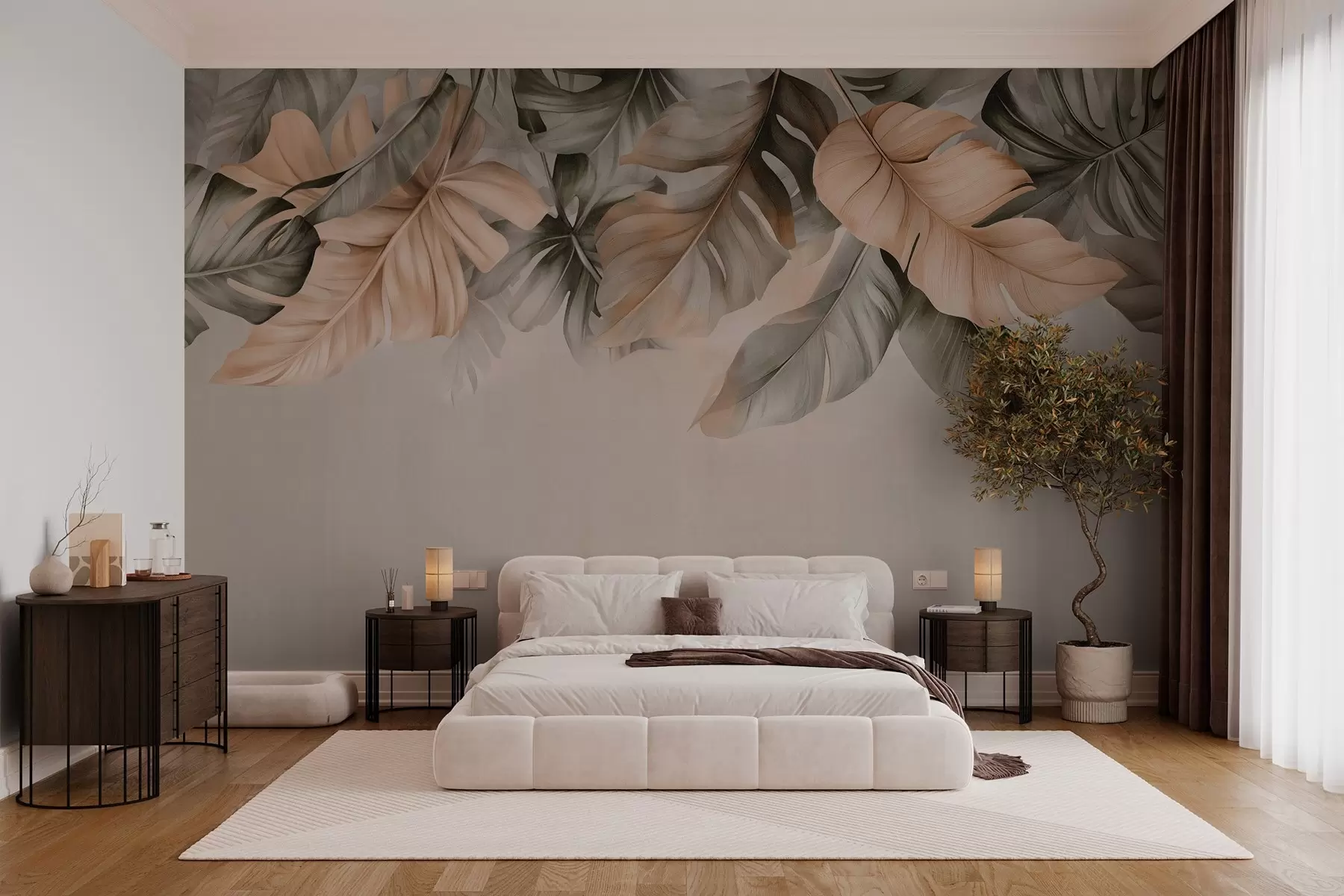 wall murals Tropical leaves hanging from the top, on a textured background w03290