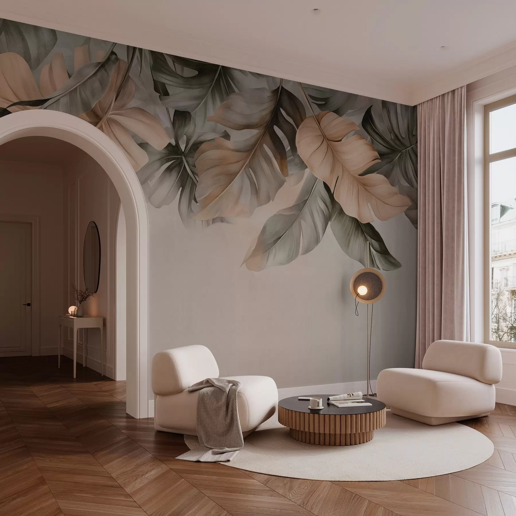 murales Hojas tropicales colgando de la parte superior, sobre un fondo texturizado w03290