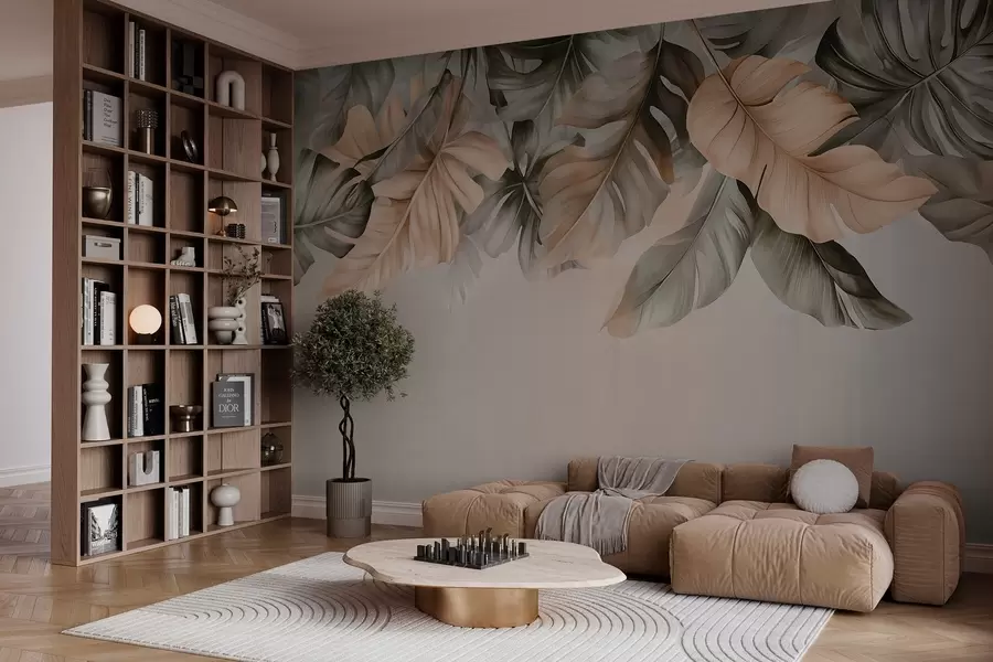 murales Hojas tropicales colgando de la parte superior, sobre un fondo texturizado w03290