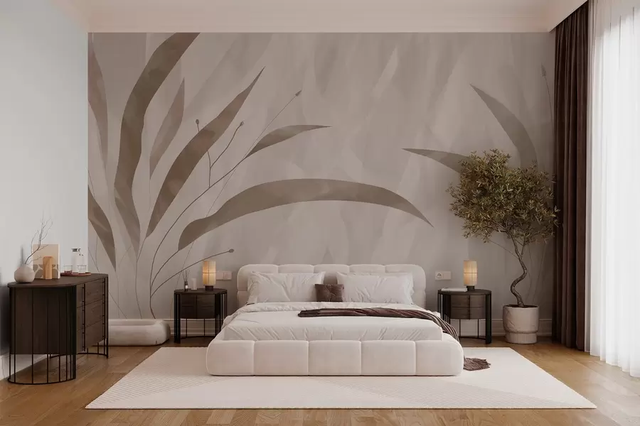 murales Estilo ecológico, plantas sobre un fondo heterogéneo texturizado en tonos beige w03394
