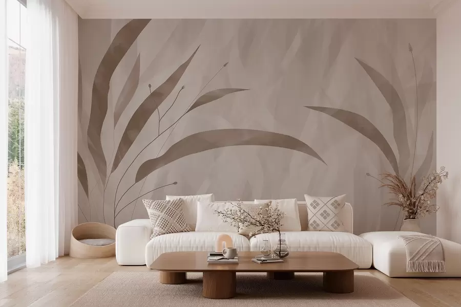 murais de parede Estilo ecológico, plantas sobre um fundo heterogéneo texturado em tons de bege w03394
