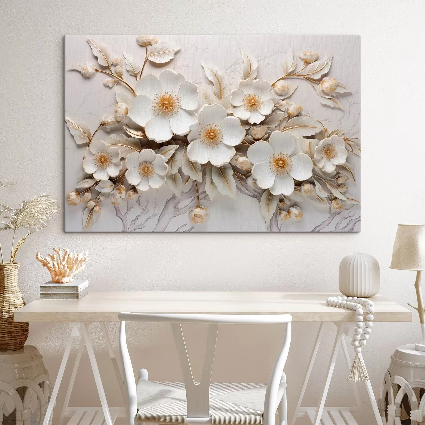 wall murals 3d white flowers in a classical style with a yellow accent s43313
