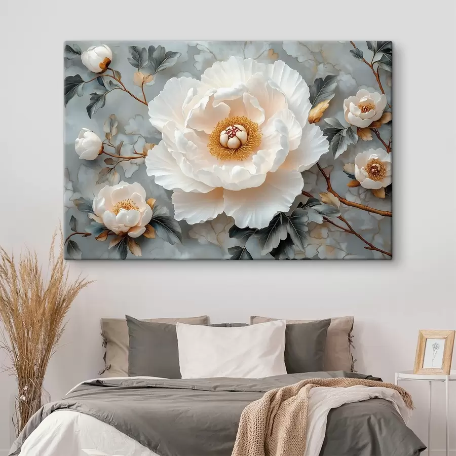 murales Preciosa peonía sobre un fondo de hojas y pequeñas peonías s43315