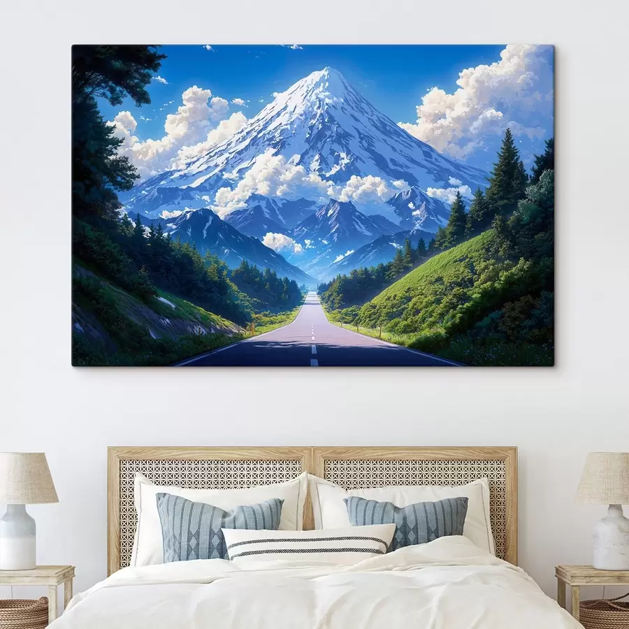 wall murals Road to the mountains with clouds and forest all around s43317