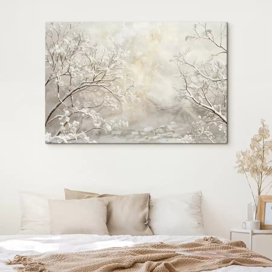 wall murals Winter branches with snow against the background of a winter village s43321