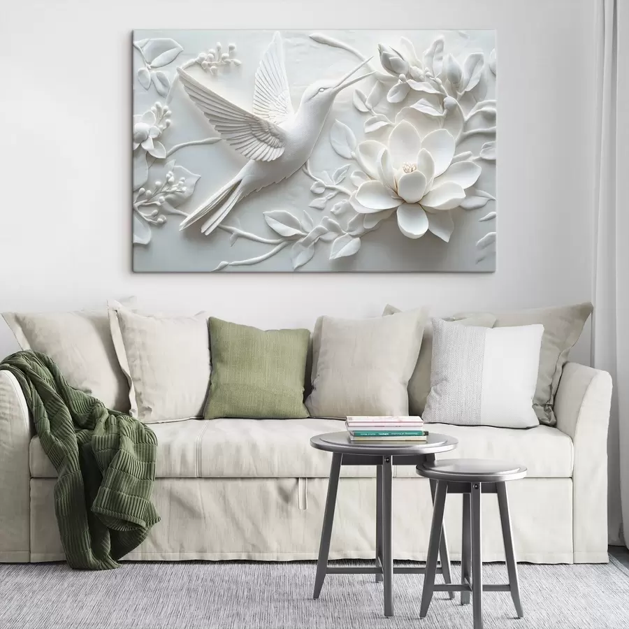 murales Imagen 3d en blanco y negro de un pájaro y las flores que lo rodean s43329