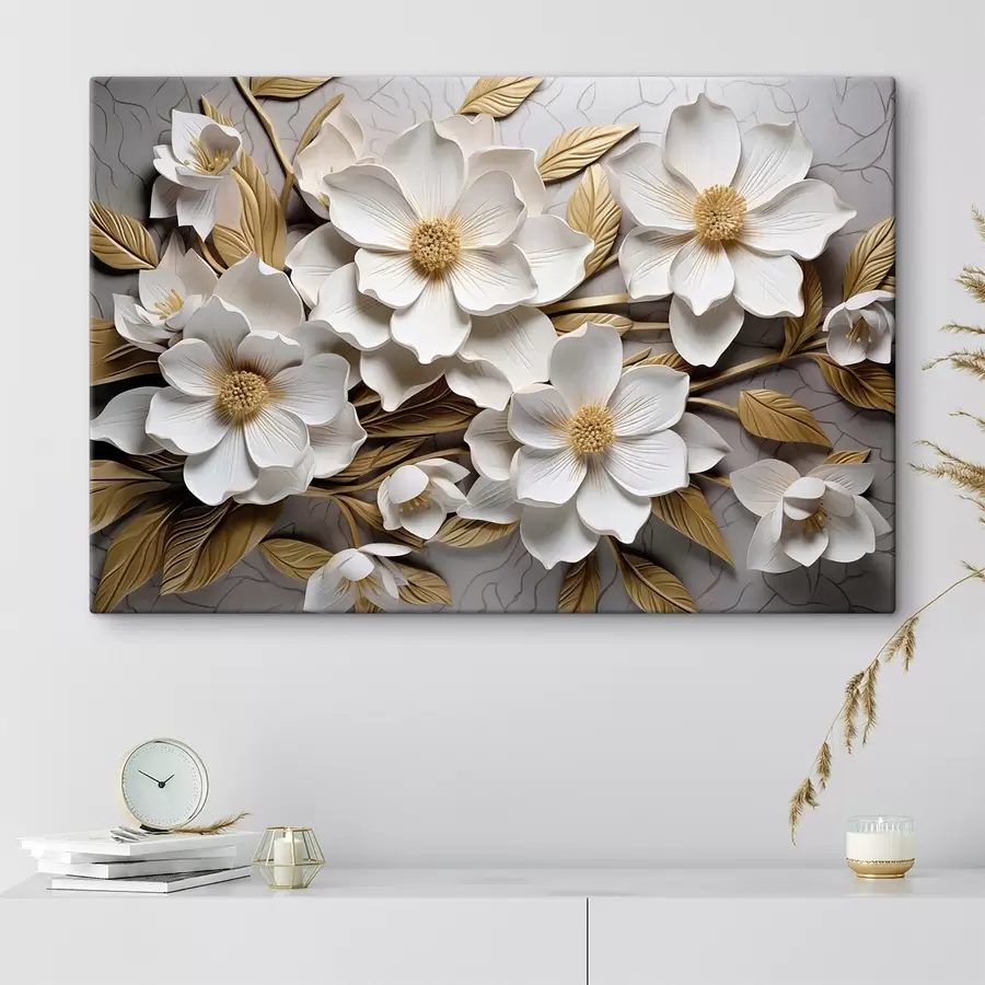 murales Flores blancas al estilo de un fresco en relieve con hojas y estambres amarillos s43330