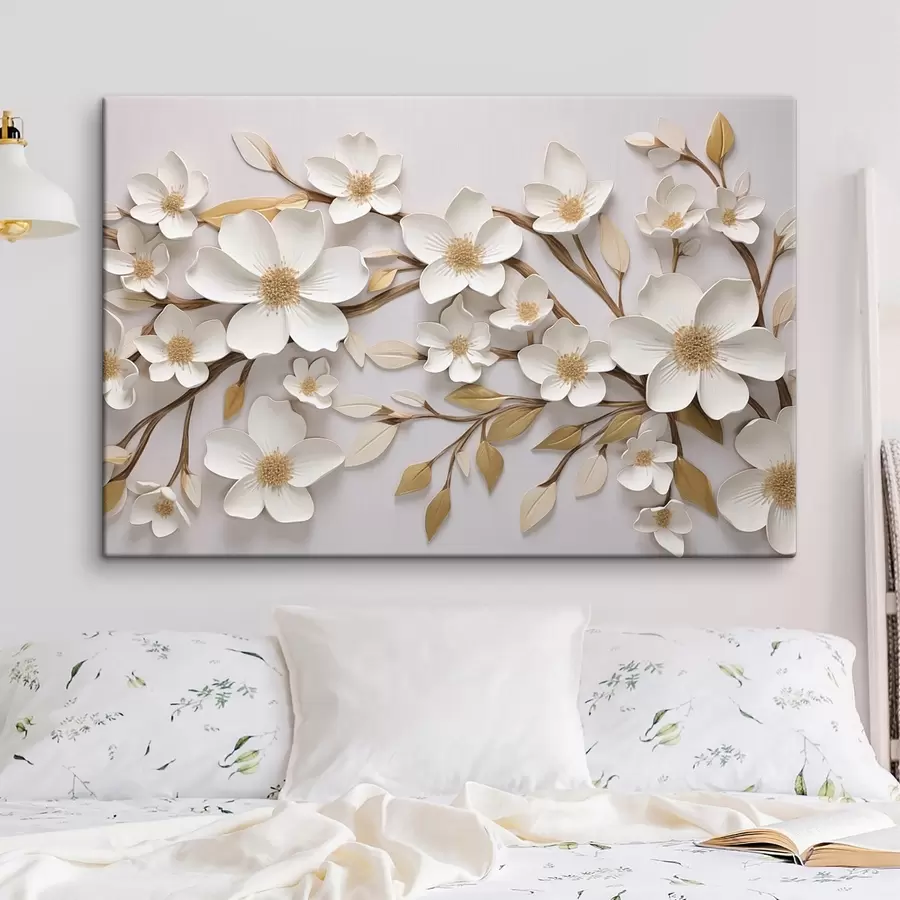 murales Flores blancas al estilo de un fresco en relieve con toques amarillos s43331