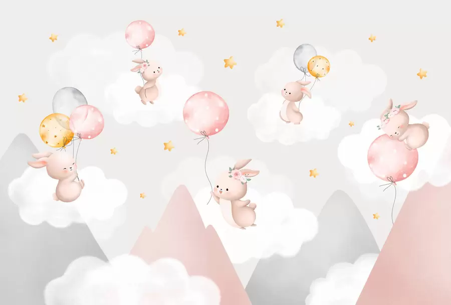 wall murals Bunnies with balloons on clouds among mountain peaks w03375