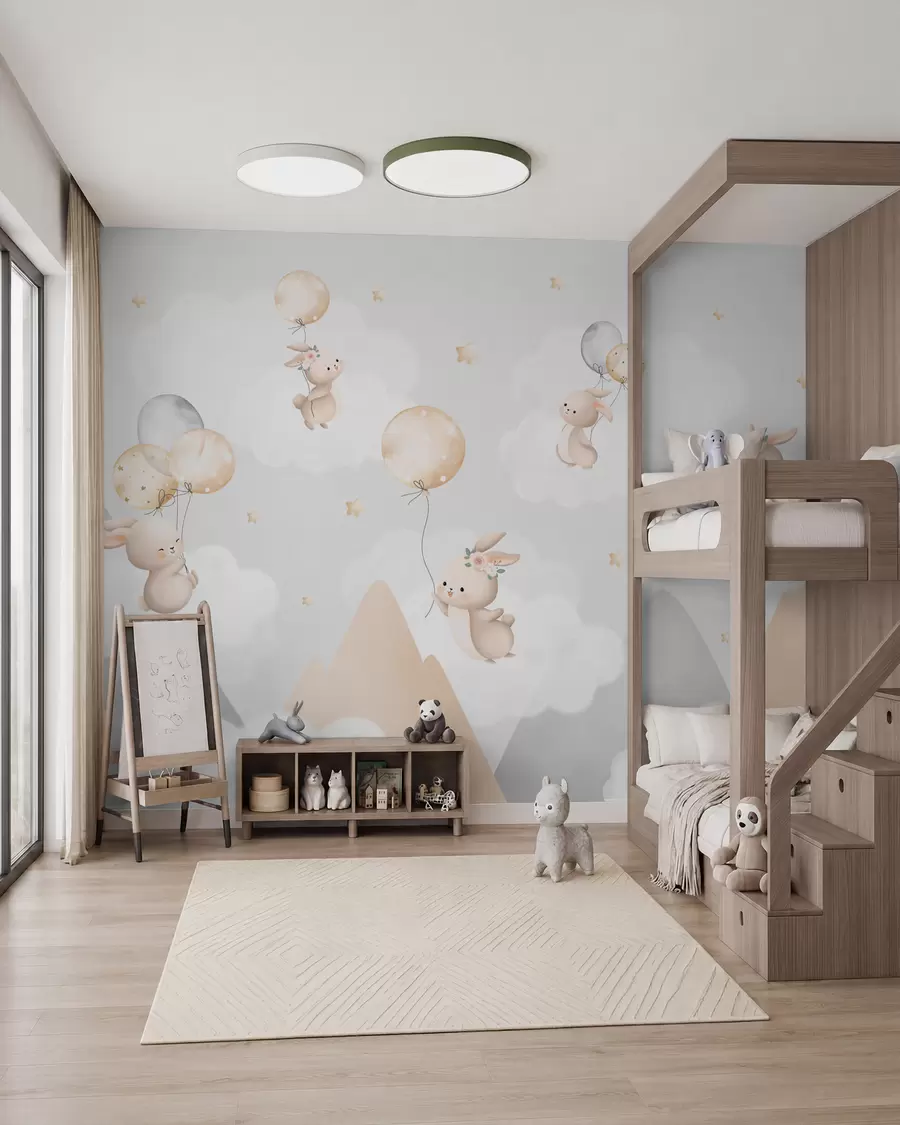 Wall Mural Photo Wallpaper Bunnies with balloons on clouds among mountain peaks w03375v1