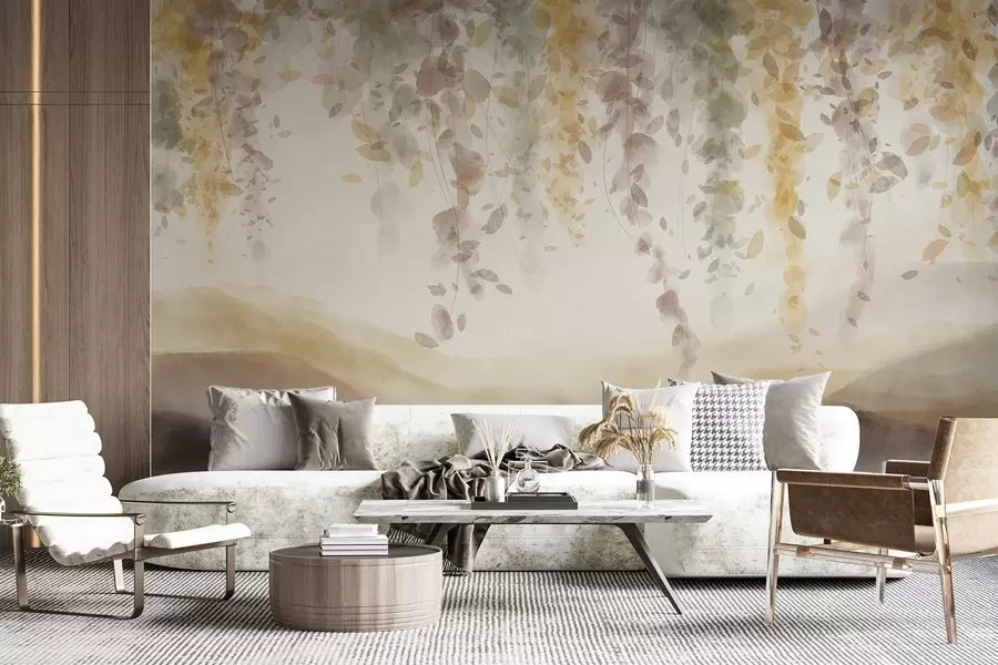 Wall Mural Photo Wallpaper Wisteria leaves hanging over blured mountains, soft pastel yellow and brown colors, watercolor style landscape w08909v1