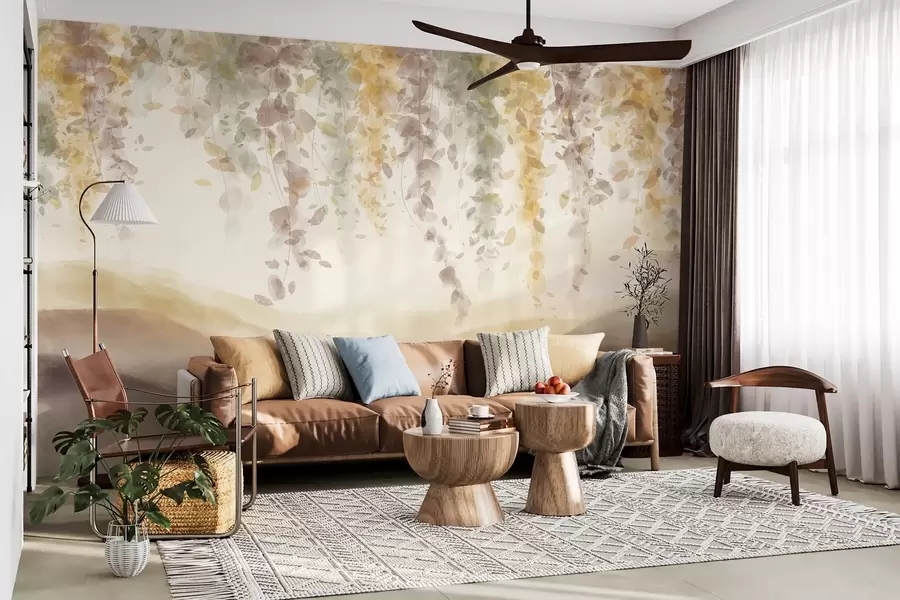 murales Hojas de glicina colgando sobre montañas azuladas, suaves colores pastel amarillos y marrones, paisaje estilo acuarela w08909v1