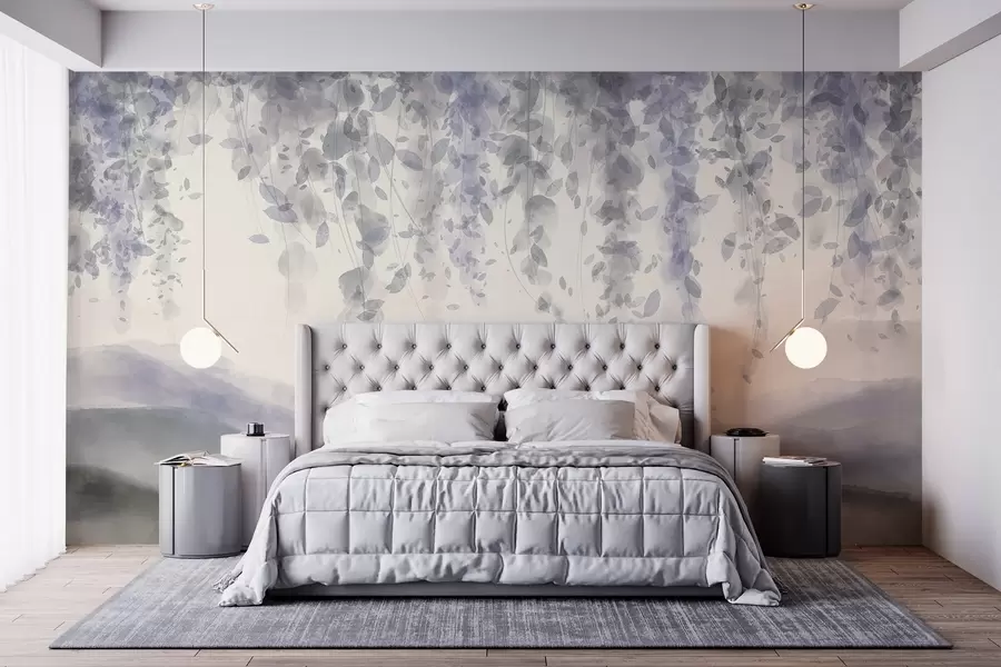 Wall Mural Photo Wallpaper Wisteria leaves hanging over blured mountains, soft pastel blue and gray colors, watercolor style landscape w08909