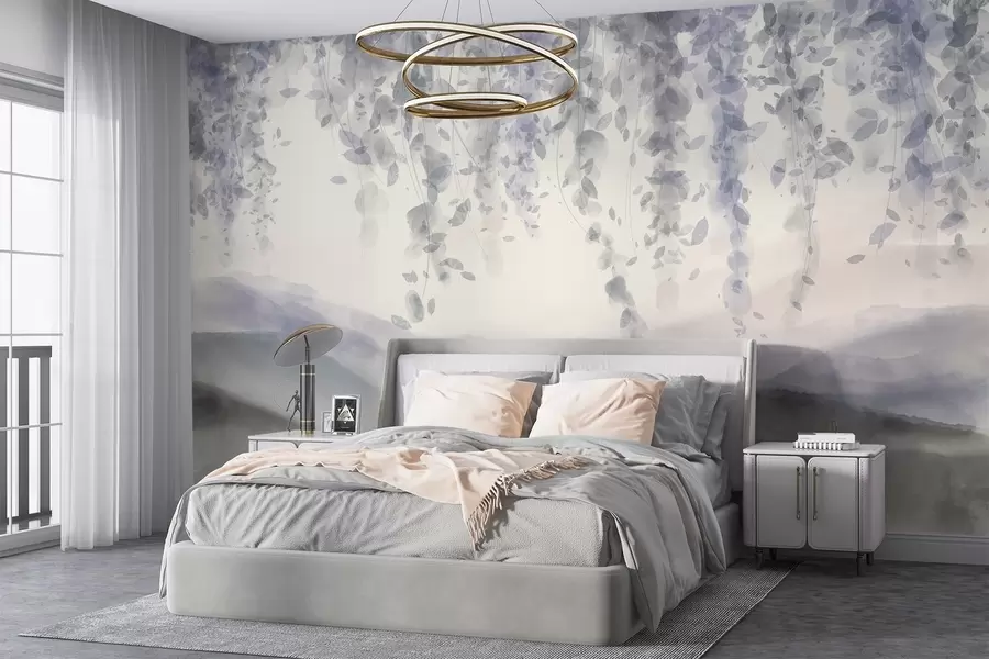 Wall Mural Photo Wallpaper Wisteria leaves hanging over blured mountains, soft pastel blue and gray colors, watercolor style landscape w08909