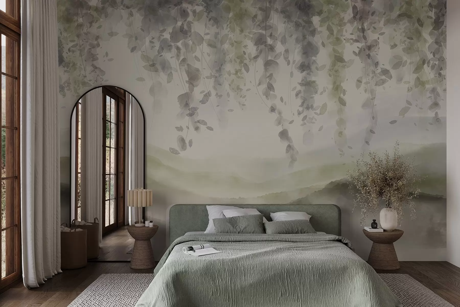 Wall Mural Photo Wallpaper Wisteria leaves hanging over blured mountains, soft pastel green and beige colors, watercolor style landscape w08909v2