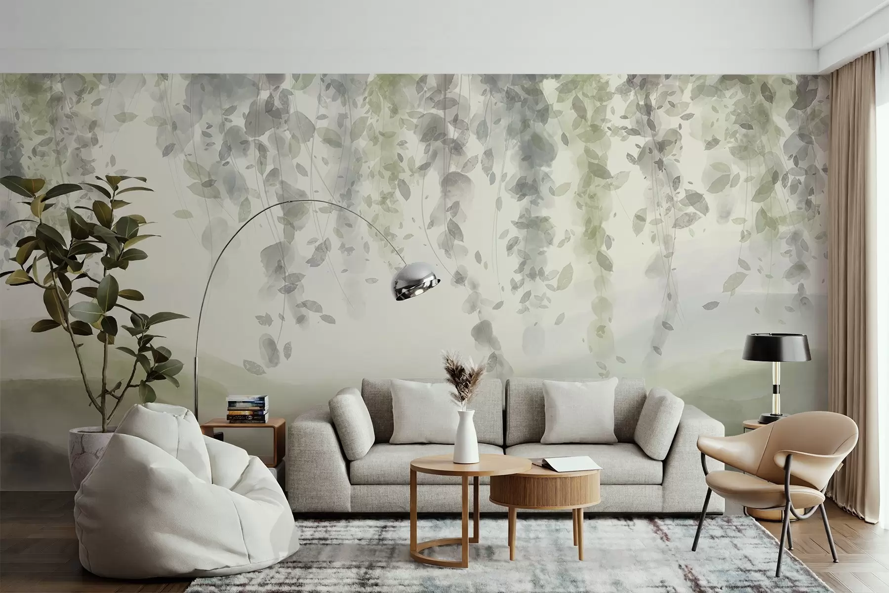 murais de parede Folhas de glicínias penduradas sobre montanhas azuladas, cores pastel suaves de verde e bege, paisagem em estilo aguarela w08909v2