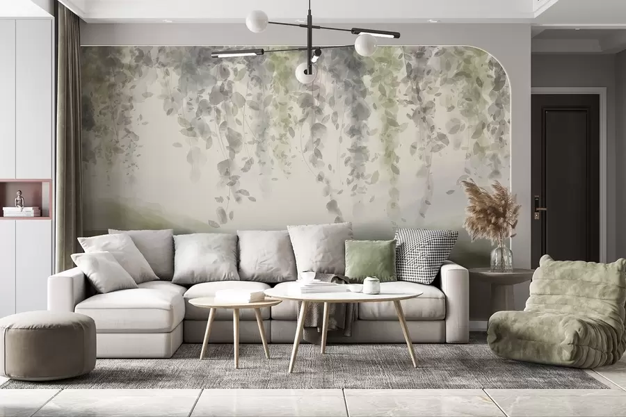 Wall Mural Photo Wallpaper Wisteria leaves hanging over blured mountains, soft pastel green and beige colors, watercolor style landscape w08909v2