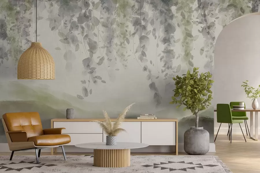 Wall Mural Photo Wallpaper Wisteria leaves hanging over blured mountains, soft pastel green and beige colors, watercolor style landscape w08909v2