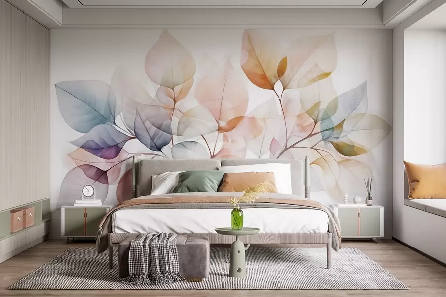 Wall Mural Photo Wallpaper Watercolor painting of translucent leaves in pastel colors, with shades of pink, white, purple, and blue w08910