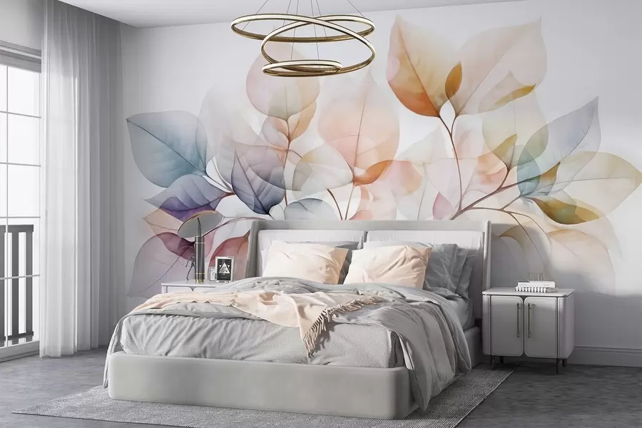 Wall Mural Photo Wallpaper Watercolor painting of translucent leaves in pastel colors, with shades of pink, white, purple, and blue w08910